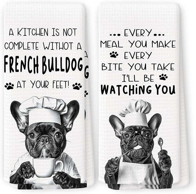 Funny French Bulldog Dog Kitchen Towels 16x24 Inch Set of 2 | French Bulldog Lovers Gifts for Women Men Dish Tea Towels for Kitchen, Dog Lover Mom Dad Owner Gifts Decorative Hand Towel