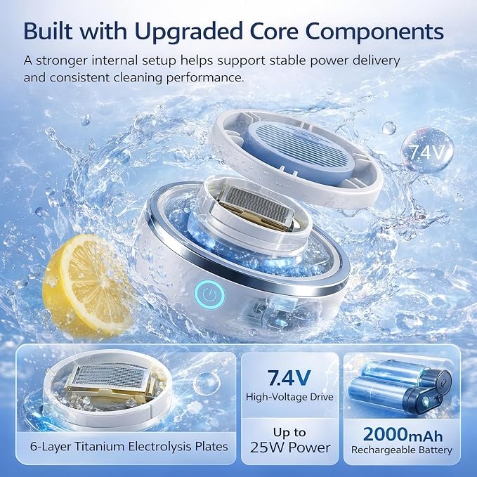 Fruit and Vegetable Cleaner Machine, Produce Washer for Fruits, Veggies & Seafood, 6-Layer Electrolysis Core, Deep Vortex Wash, Rechargeable with Auto Shut-Off (White)