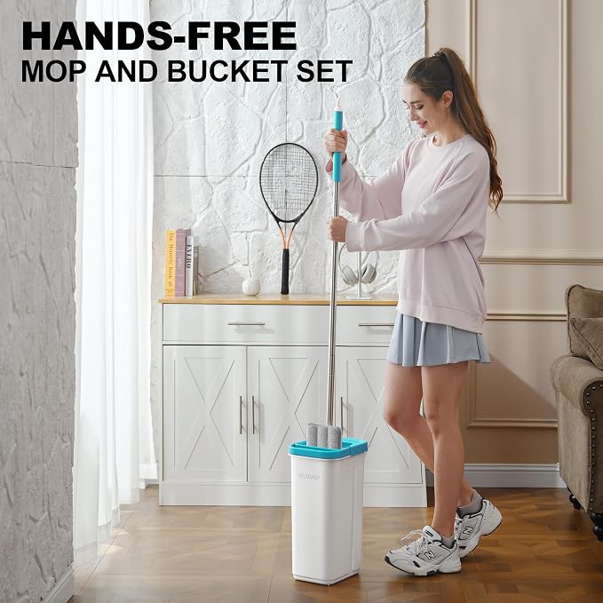 Mop and Bucket Set, 60" Long Handle Mops for Floor Cleaning, Squeeze Flat Mop and Bucket System, Dry & Wet Wall Mop Cleaner for Household Cleaning with 4 Microfiber Mops, Turquoise-Cyan