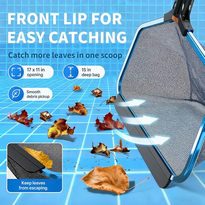 YASHINE Pool Skimmer with 2 Nets, Reinforced Aluminum Frame, Heavy Duty Deep Leaf Rake with Replaceable Net Bag, Deep Trash Bag, Pool Cleaning Net Fits Standard Pool Poles(No Pole)