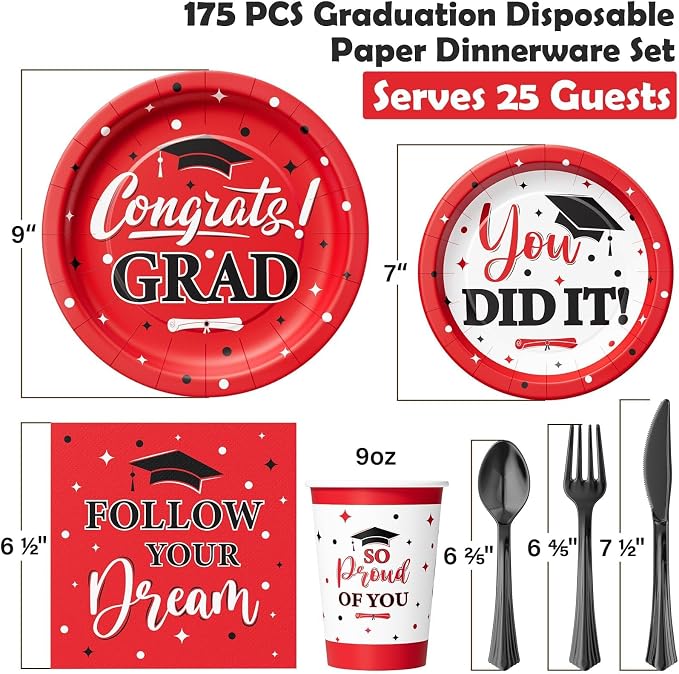 Graduation Decoration Class of 2026, 175PCS Graduation Party Supplies Disposable Dinnerware(Serve 25) with Paper Plates Cup Napkin Fork Knife Spoon College High School Grad Decor (Red & Black)