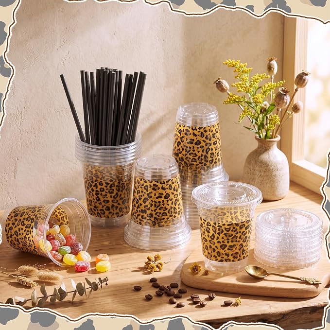 Domensi 25 Sets Leopard Print Plastic Cups with Lids and Paper Straws 12oz Cheetah Animal Disposable Drinking Cups Bulk for Cold Drinks Baby Shower Wedding Jungle Leopard Theme Birthday Party Supplies