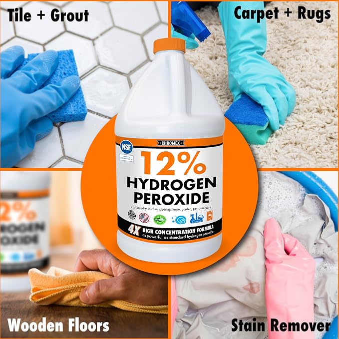 Chromex Hydrogen Peroxide 12 Percent Food Grade, 4x Power Concentrated Solution, 4 Gallons Dilute to 16 Gallons, Versatile Uses include Topical Care, Home, Kitchen, Bath Cleaner, NSF Certified