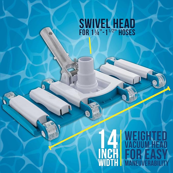 U.S. Pool Supply 14" Manual Pool Vacuum Head for Inground Pools, Flexible, Weighted - 6 Weights, Swivel Hose Connection 1.25" or 1.5", Aluminum Pole Handle - Accessory Attachment, Clean Remove Debris