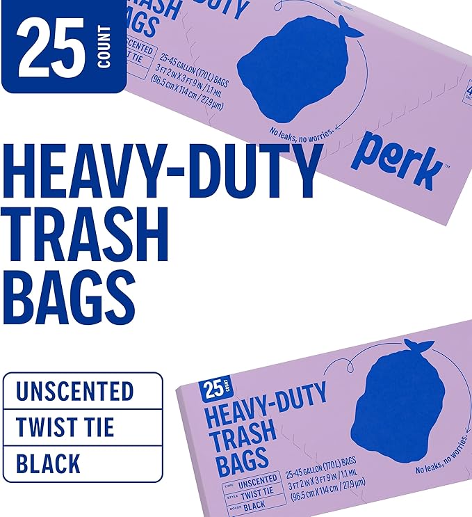 PERK Black 45 Gallon Trash Bag, Low Density 1.1 Mil