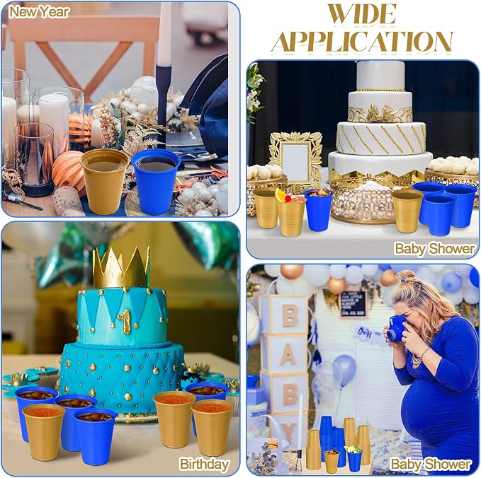 Funnymoom 100 Pcs Blue and Gold Plastic Cups, 12 oz Disposable Party Cups for Graduation, Ceremony, Wedding Reception, Birthday Party Supplies