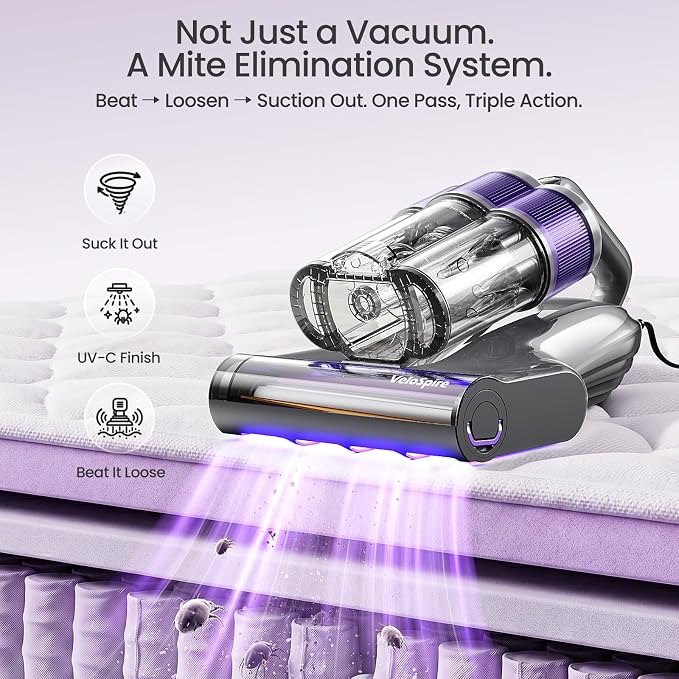 Bed Vacuum Cleaner, 20kPa Handheld Mattress Vacuum Cleaner with 253.7nm UV-C Light, Ultrasonic & 149°F Heating, Triple-Cup, Pet Hair Brush for Cleaning Bed, Sofa, Corded 650W