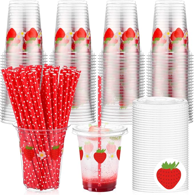Blushtier 100 Set 12 oz Strawberry Disposable Plastic Cups with Lids and Straws Clear Strawberry Cups for Juice Water Coffee Tea Birthday Summer Fruit Party Supplies (Red)