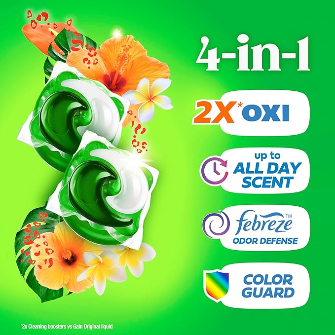 Gain Flings Liquid Washing Detergent Pacs with Odor Defense + Color Guard, Island Fresh Scent, 4-In-1 Liquid Laundry Detergent Pods, Clean & Fresh, 60 Count (Packaging May Vary)