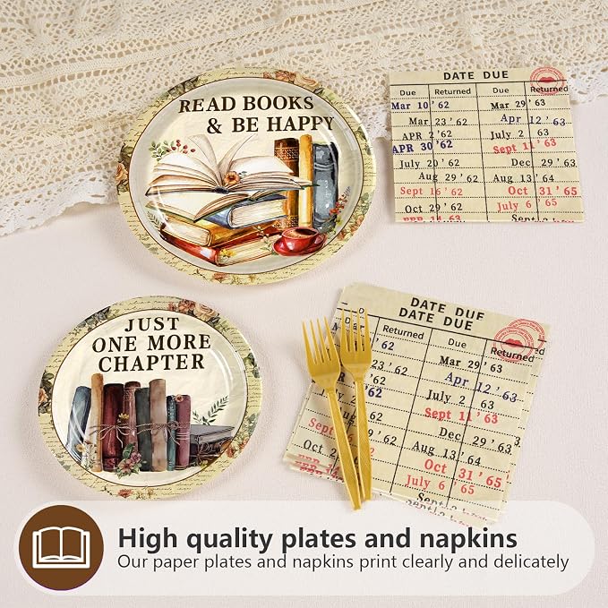 Greencian 112Pcs Vintage Book Party Decorations, Retro Library Reading Themed Disposable Plates Napkins Forks and Gift Bags Set, Book Club Tableware Supplies for Birthday Party Serves 24