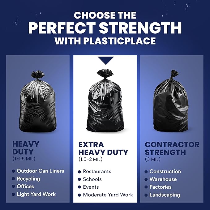 Plasticplace - W55LDBS1 55-60 gallon Trash Bags │ 1.7 Mil EQ │ Black Eco-Friendly Heavy Duty Garbage Can Liners │ 38” x 58” (100Count) Black