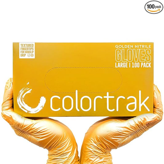 Colortrak Disposable Nitrile Gloves, Gold, Luminous Collection Latex-Free, Powder-Free Hair Color Gloves for Chemical Processing & Salon Services, 100 Count, Large