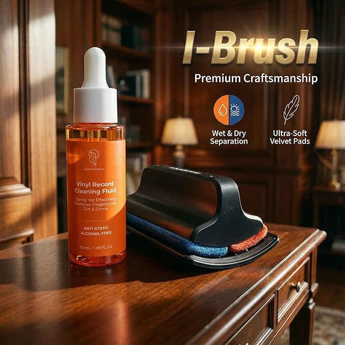 HumminGuru I-Brush Vinyl Record Cleaning Kit, Anti-Static Vinyl Record Cleaner Kit with Dual Velvet Pads Vinyl Record Brush + Alcohol-free Record Cleaning Solution + Stylus Brush + Pouch(White 5-in-1)