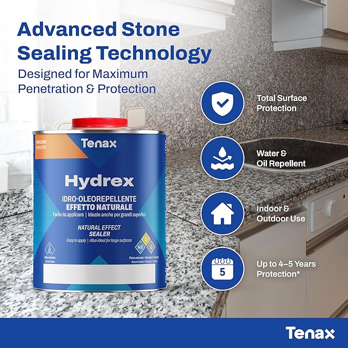 Tenax Hydrex Stone Sealer – Professional Penetrating Sealer for Granite, Marble, Natural Stone & Concrete – Stain & Water Protection for Countertops, Tile, Indoor & Outdoor Surfaces – 1 Quart