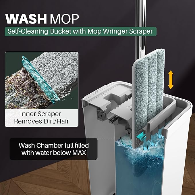 JOYMOOP Mop and Bucket Set for Household and Commercial Use, Dust Mops for Floor & Wall Cleaning, Long Handle, Wet and Dry Use - Includes 8 Microfiber Mop Pads