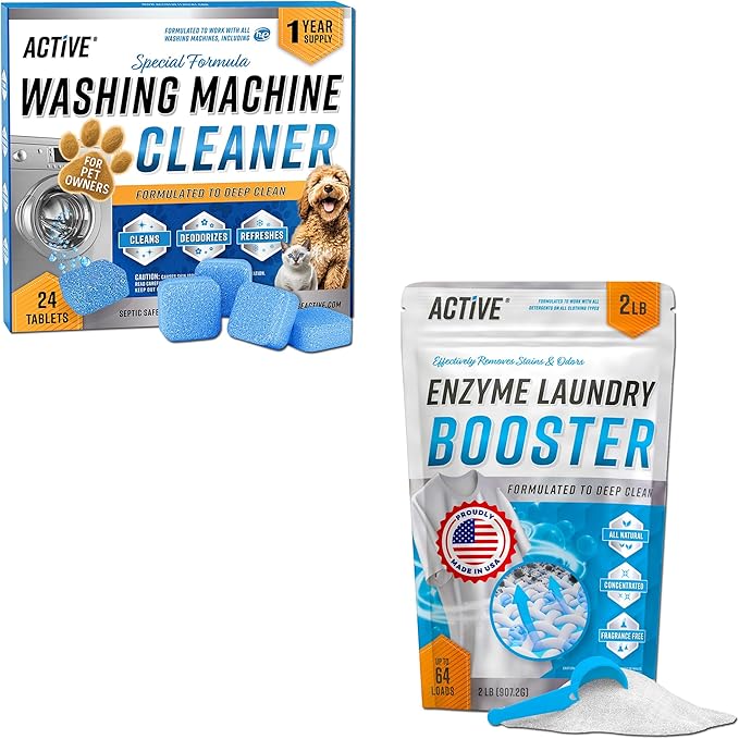 ACTIVE Washing Machine Cleaner for Pet Owners and Enzyme Laundry Booster - Includes 24ct Pet Washer Cleaning Tablets and 2LB Enzymatic Laundry Powder
