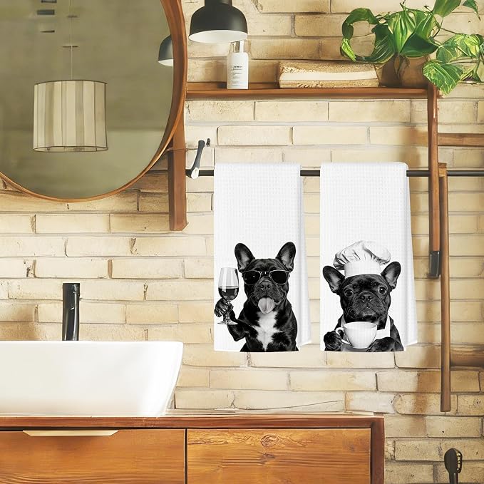 Funny French Bulldog Kitchen Towels Set of 2, Dog Kitchen Bar Accessories, Dog Chef Gifts for Women Decorative Hand Towels for Kitchen Decor, French Bulldog Lovers Dish Tea Towel, 16x24 Inch