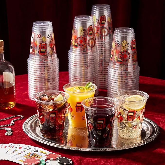 Uiifan 50 Pcs Casino Party Decorations Las Vegas Cups Casino Game Night Party Supplies 12 oz Poker Slot Machine Chips Disposable Plastic Shot Cups for Drinking Office Home Dice Vegas Birthday Favors