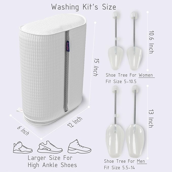 Shoe Washing Machine Bag - Shoe Bag for Washing with Adjustable Shoe Trees, Laundry Shoe Bag for 2 Shoes, Fluffy Fiber, Wrap-around Cleaning in washer and dryer, Durable Zipper, White