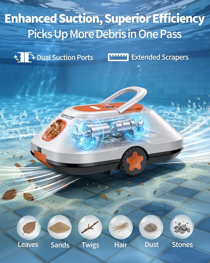 Robotic Pool Cleaner, Automatic Pool Cleaner with 210 Mins Runtime,Cordless Pool Vacuum for Above Ground & Inground Pools Coverage up to 2200 Sq.Ft,Auto-Parking,Easy Retrieve,Light Orange