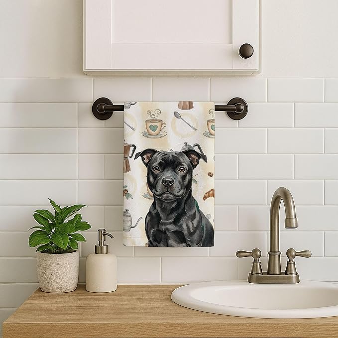 Caroline's Treasures Black Staffordshire Bull Terrier Coffee Bar Kitchen Towel Velour Plush Front and Cotton Loop Back Machine Washable