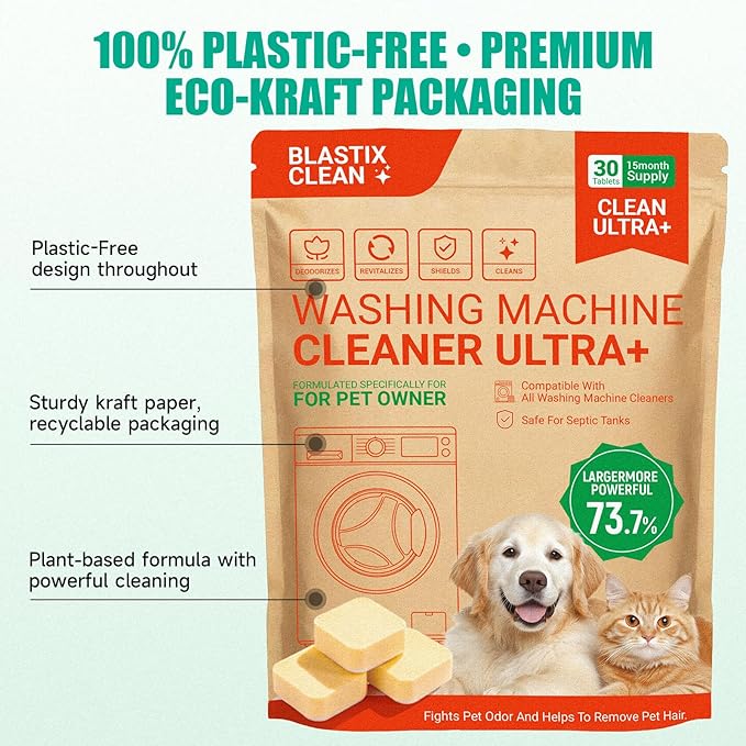 BLASTIX Ultra+ Plant-Based Washing Machine Cleaner Tablets | 30 Count | Pet Hair & Odor Control | Light Lemon Scent | Recyclable Kraft Paper Packaging