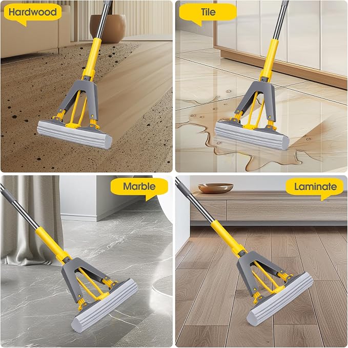 Masthome 24 Inch Outdoor Broom,Stiff Bristles Push Broom Outdoor Heavy Duty & Roller Sponge Mop with 3 Absorbent Sponge Mop Refills