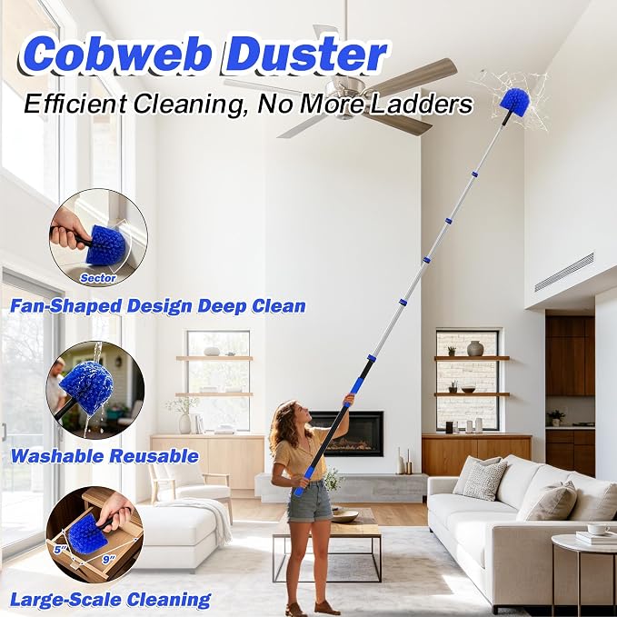26FT Reach Duster Kits, Window Cleaning kit with 5-20FT Telescoping Extension Pole, Cobweb Duster, Washable Fan Duster for Ceiling, Window Squeegee for Glass and Microfiber Feather Duster