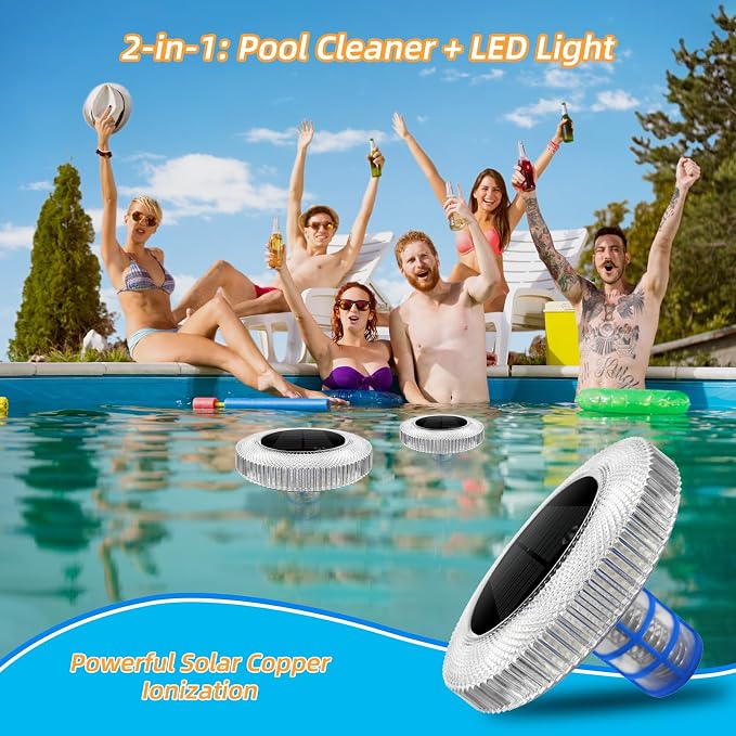 Fistone Solar Pool Ionizer with LED Light & Remote Control - Copper Floating Pool Cleaner for Above Ground & Inground Pools (Up to 45,000 Gallons)