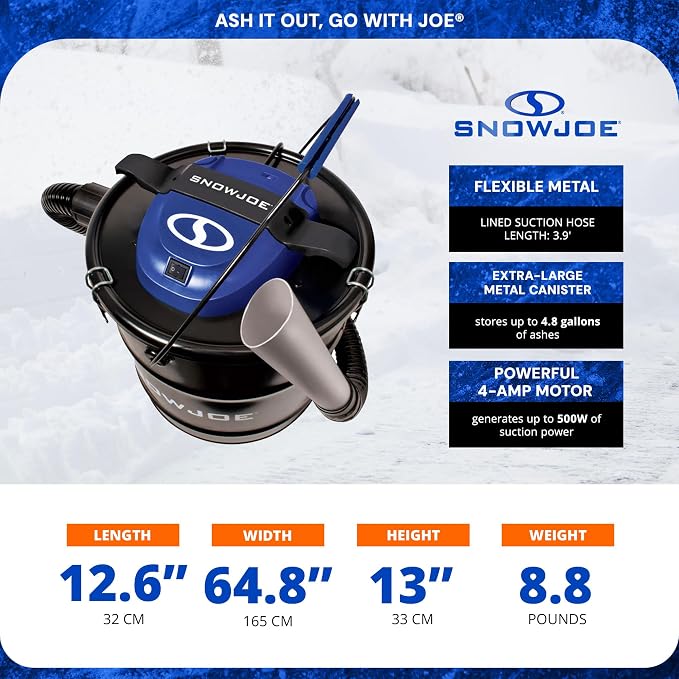 Snow Joe Bagless Canister Vacuum Cleaner, Metal Canister w/ Hose & Filter, 4.8 Gallon, 4-Amp Motor - Ash Vacuum Cleaner for Home, Garage, and Outdoor Spaces, ASHJ201