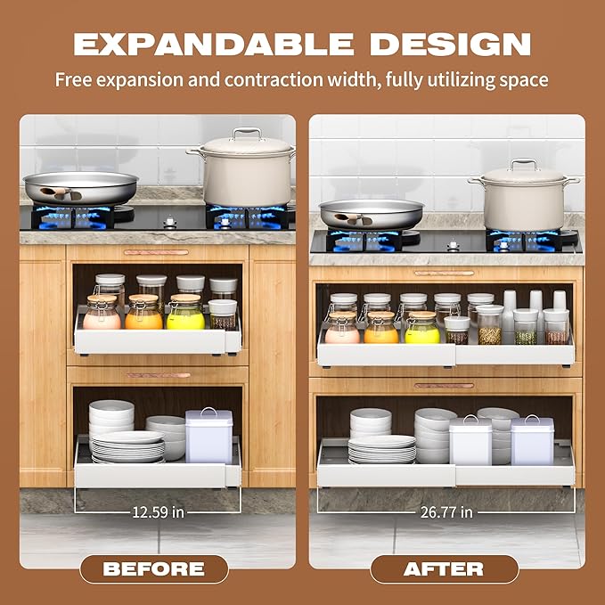 4 Pack Pull Out Cabinet Organizer Expandable,Adjustable 12-21 Inch Width Slide Out Drawer Shelves,Painted Carbon Steel with Heightening Pad,No Drill,for Kitchen/Bathroom/Pantry/Under Sink/Laundry Room
