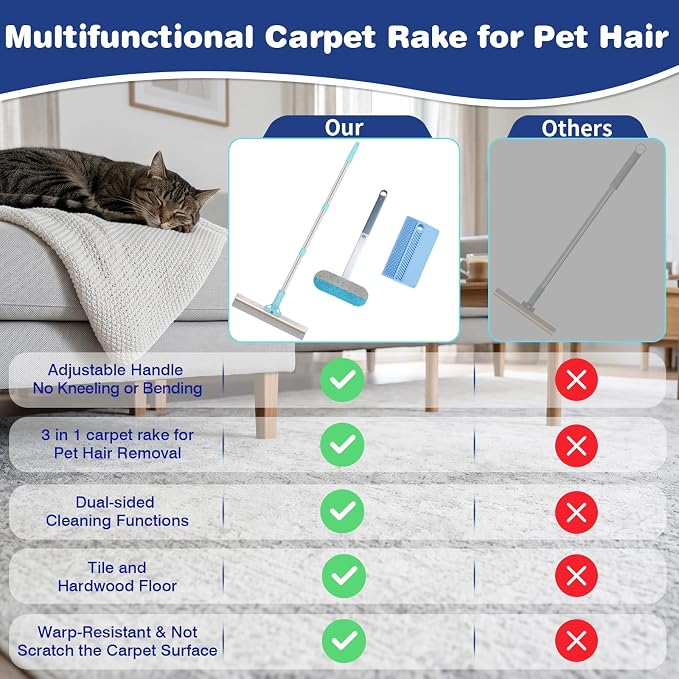 Carpet Rake for Pet Hair Removal: Adjustable 54" Handle No Bending | 3 in 1 Pet Hair Removal Tool Upgraded Silicone Metal Deep Clean Dog Cat Fur Remover Broom Reusable for All Rugs Couch Stairs
