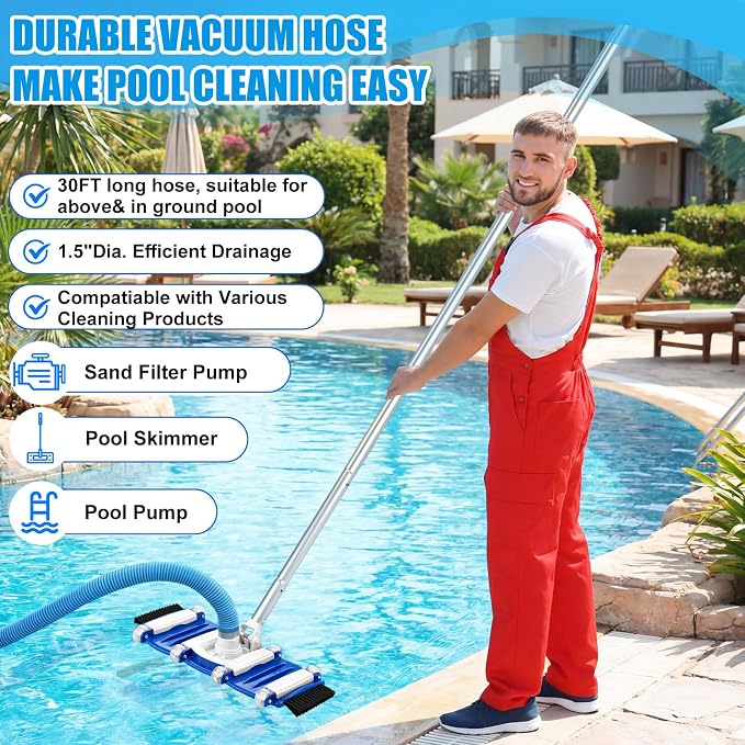 4 Pcs Swimming Pool Cleaning Kit Including Pool Vacuum Head with 1-1/2" x 30 ft Hoses Flexible Head with Bristles Wheel and White Pole 14 '' Cleaning Brush for Inground Above Ground Cleaner