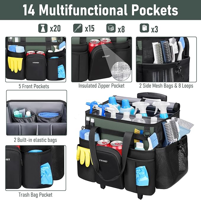 Ytonet Cleaning Caddy with Wheels, Large Rolling Caddy Bag with Detachable Trolley for Housekeepers, Water Resistant Cleaning Cart Supplies Organizer for Home, Car, Tool Organizer, Mobile Storage