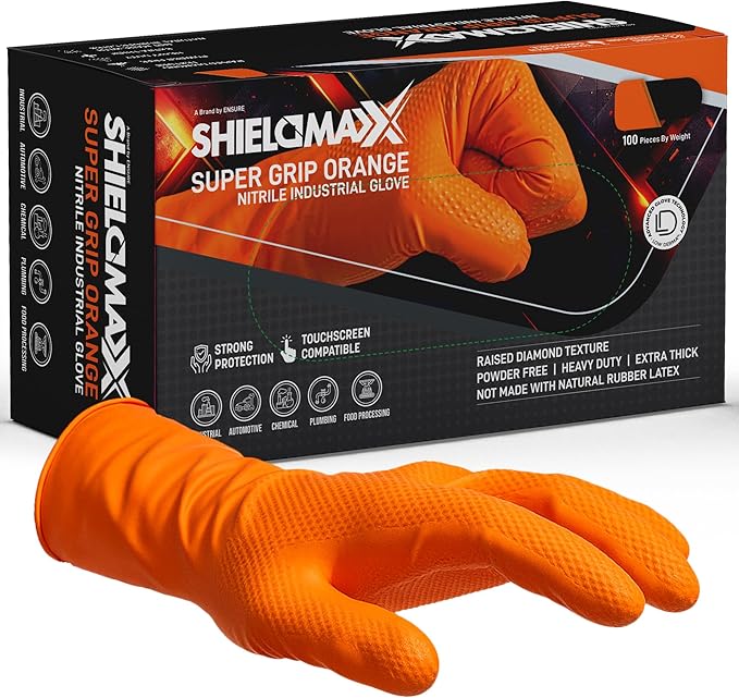 Heavy Duty Nitrile Gloves – 8 Mil Orange Industrial Gloves, Powder& Latex Free, Non-Sterile, Diamond Texture Grip