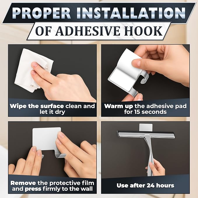 Shower Door Squeegee with Hook - 10" Silicone Blade, Stainless Steel Squeegee for Shower Glass with Adhesive Mount - All-Purpose Bathroom Tile, Mirror, & Window Wiper for Streak-Free Cleaning (Silver)