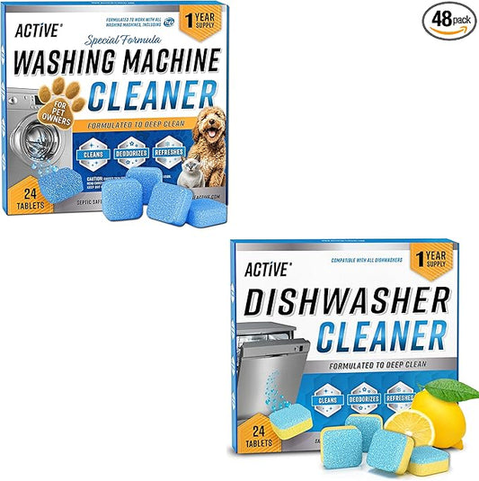 ACTIVE Washing Machine Cleaner for Pet Owners and Dishwasher Cleaner - Includes 24ct Pet Washer Cleaning Tablets and 24pk Dishwasher Cleaning Tabs