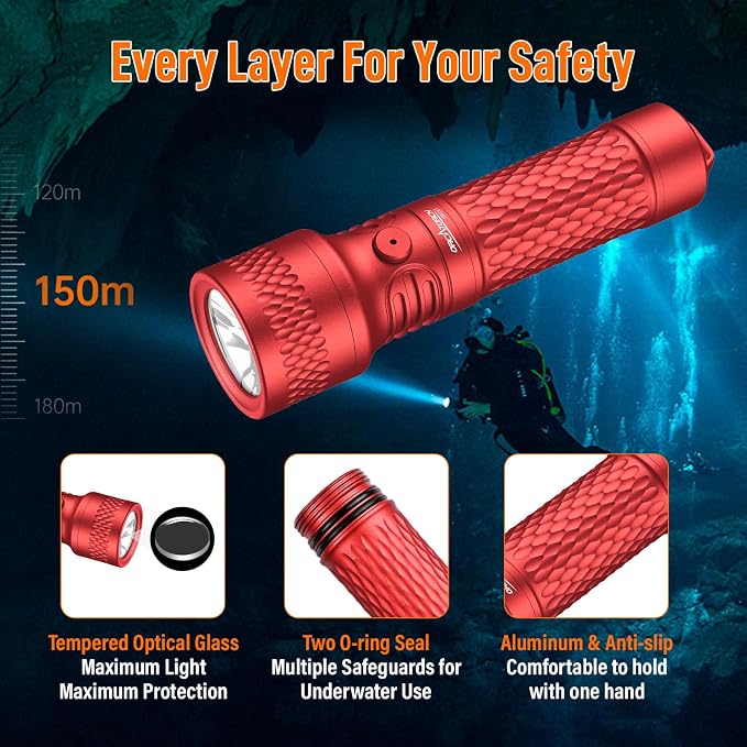 ORCATORCH ORCA7 Dive Light, 3000 Lumens SOS Signal Scuba Diving Flashlight, 6° Narrow Beam Underwater Torch, IP68 Waterproof Rated to 150M for Night Diving, Cave Exploration&Technical Scuba Gear (Red)
