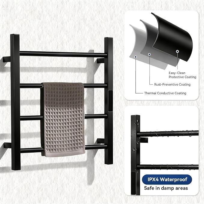 Heated Towel Racks for Bathroom, Hot Towel Warmer 4 Bars with 24hr Timer Stainless Steel Wall Mounted Electric Towel Warmers for Bathroom (Black, 4-Bar)