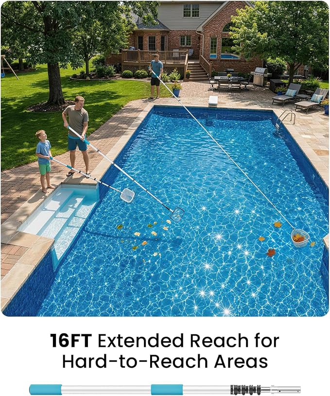 Pool Pole Telescopic 16FT Heavy Duty Aluminum, Adjustable Clasp Lock, Extension/Extendable Telescoping Tool for Above Ground/Inground Swimming Cleaning Supplies Brush/Skimmer/Net/Vacuum