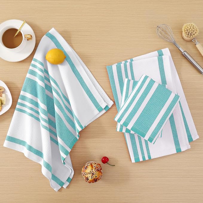 Homaxy Premium Kitchen Towels 18”x 28”, Large Cotton 380 GSM Kitchen Hand Towels, Stripe and Terry Dish Towel, Highly Absorbent Tea Towel Set with Hanging Loop, 8 Pack, Teal