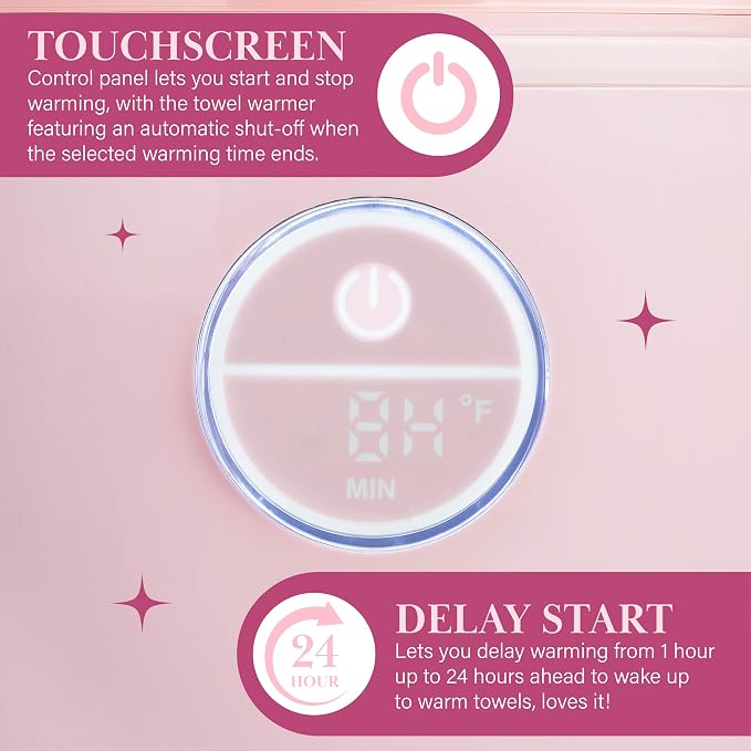 Paris Hilton 20L Luxury Towel Warmer, Built-In Aromatherapy Compartment, Touchscreen Control with Delay Start Timer and Preset Timers, Fits 2 Bath Towels or Throw Blanket, Pink