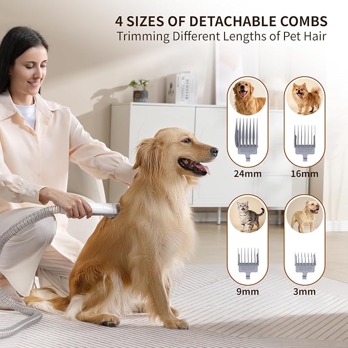 Dog Grooming Vacuum, 13000Pa Powerful with 1.5L Cup 6 in 1 Pet Electric Grooming Vacuum for with Hair Clipper & Shedding Brush, Low Noise, 3 Suction Levels for Thick Hair Cats & Dogs