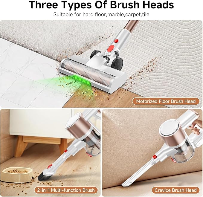 Cordless Vacuum Cleaner, 40Kpa Vacuum Cleaners for Home, Cordless Vacuum with LED Display, 8 in 1 Rechargeable Vacuum (Gold)