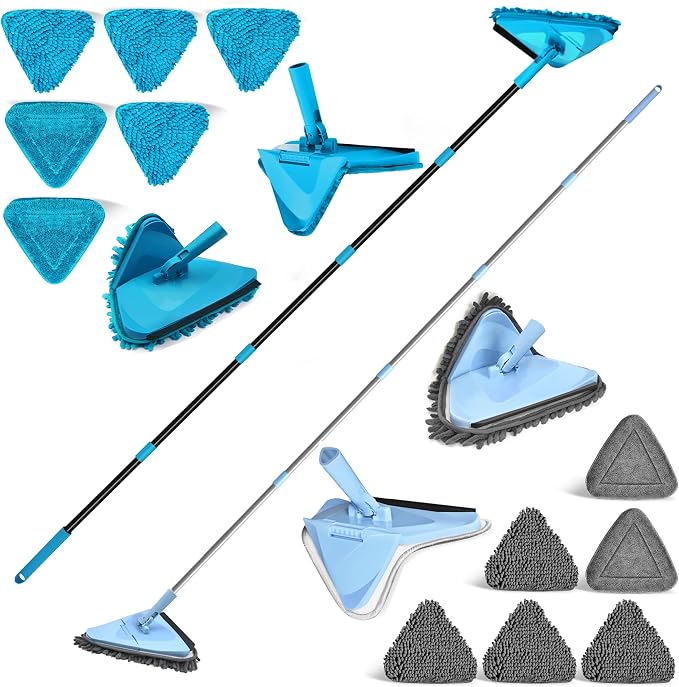 NEWE 2 Packs Wall Mop Cleaner with 80 Inches Long Handle, 180° Folding Ceiling Cleaning Tool with Squeegee, 8 Chenille Duster and 4 Microfiber Pads Chambray Blue & Blue
