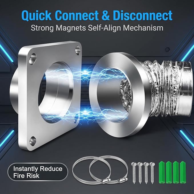 DV180 Magnetic Dryer Vent Coupling Connector Kit Airtight Seal，Easy to Clean Quick Connector Including a 2.6ft 4" Duct and two Clamps | Quick Connection and Disconnection, Strong Magnet Self-Alignment Design, Quick-Installation, Dryer Vent Connector Kit