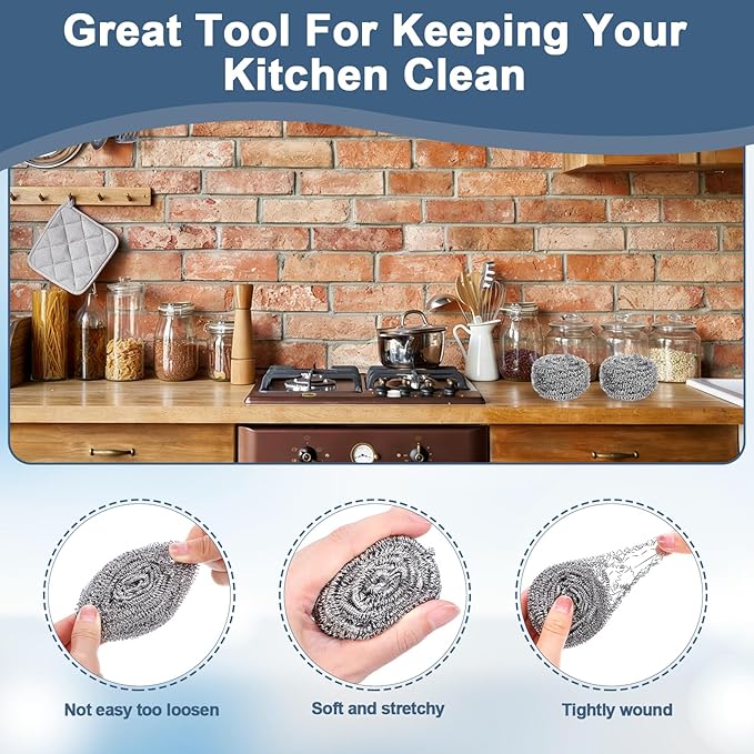 100 Pieces Stainless Steel Scrubber Bulk, 18G Heavy Duty Metal Scouring Pad for Kitchen, Bathroom, Oven, Grill, Pot, Pan Cleaning - Rust Resistant & Reusable