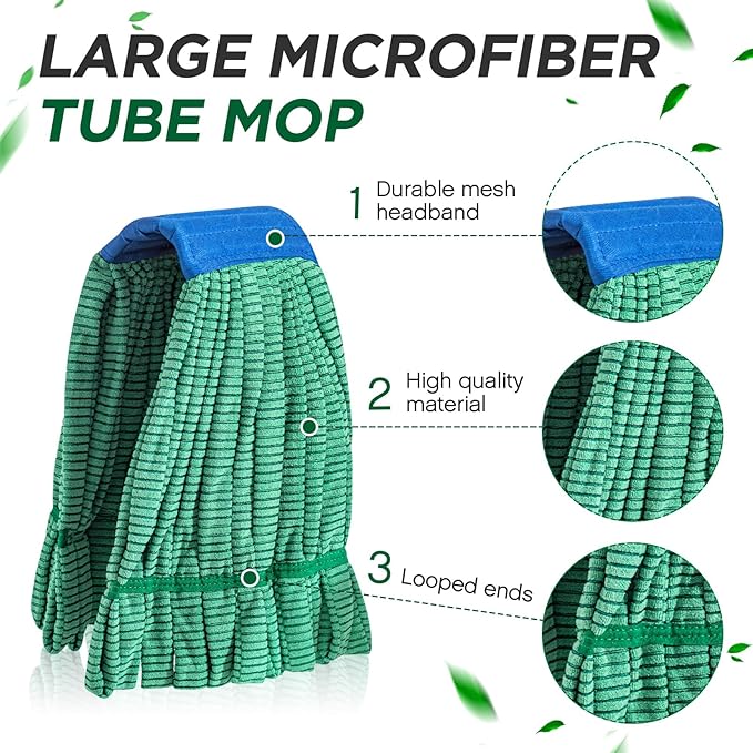 Hushee Large Microfiber Tube Mop Heads 18 oz Heavy Duty Commercial Industrial Wet Mop Head Refill Reusable Machine Washable Looped End Mopheads for Hardwood, Tile, Laminate Floors (Green,1 Pack)