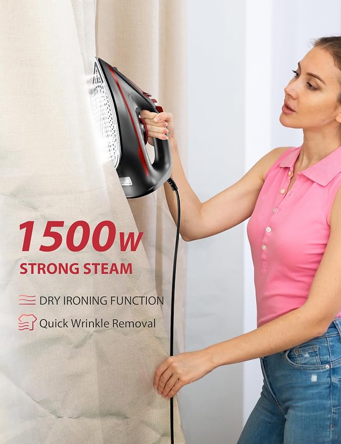 Sundu Steam Iron for Clothes with Rapid Heating Ceramic Coated Soleplate, 1500W with Precise Thermostat Dial, Self-Cleaning, Auto-Off, 15.21oz Water Tank for Home Clothes Ironing Use, Red