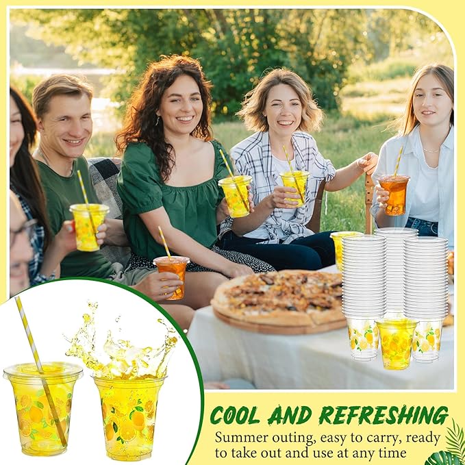 Umigy 100 Pack Plastic Disposable Cups with Lids and Straws 12 oz Disposable Cups for Juice Water Coffee Summer Party Sports Party Supplies(Lemonade)